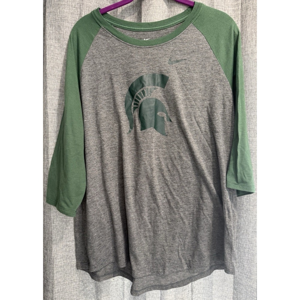The‎ NIKE Tee DRI-FIT Gray Michigan State Spartans Size XL 3/4 Green Sleeve
